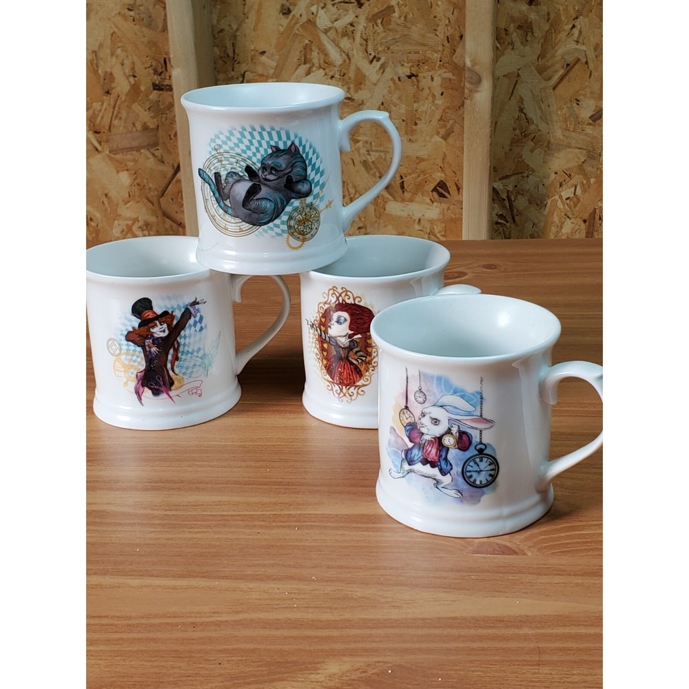 4 Disney Coffee Mugs Alice Through the Looking Glass Queen Hatter Cheshire Cat